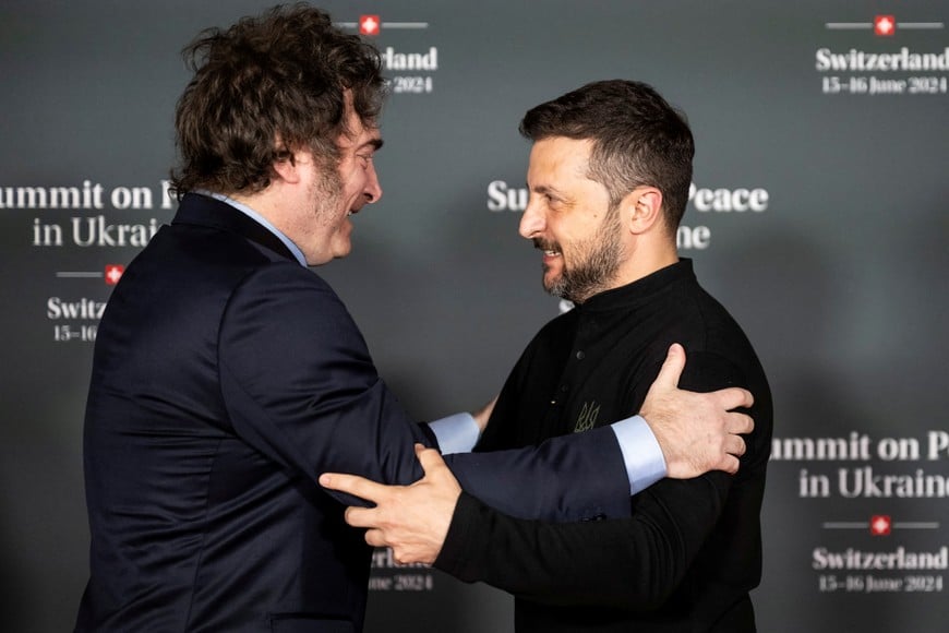 President Javier Milei of Argentina is welcomed by President Volodymyr Zelenskyi of Ukraine, at the Summit on peace in Ukraine, at the Buergenstock Resort in Stansstad near Lucerne, Switzerland, June 15, 2024. Alessandro della Valle/Pool via REUTERS