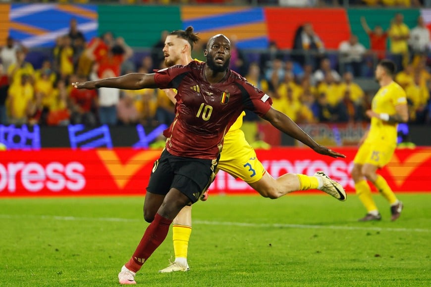 Soccer Football - Euro 2024 - Group E - Belgium v Romania - Cologne Stadium, Cologne, Germany - June 22, 2024
Belgium's Romelu Lukaku celebrates scoring a goal before it was disallowed following a VAR review REUTERS/Thilo Schmuelgen