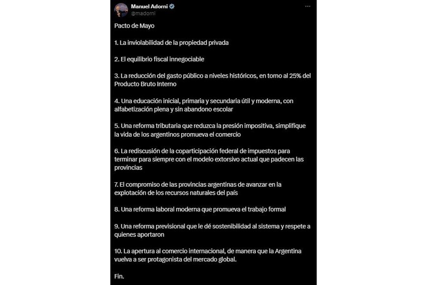 El posteo de Adorni.