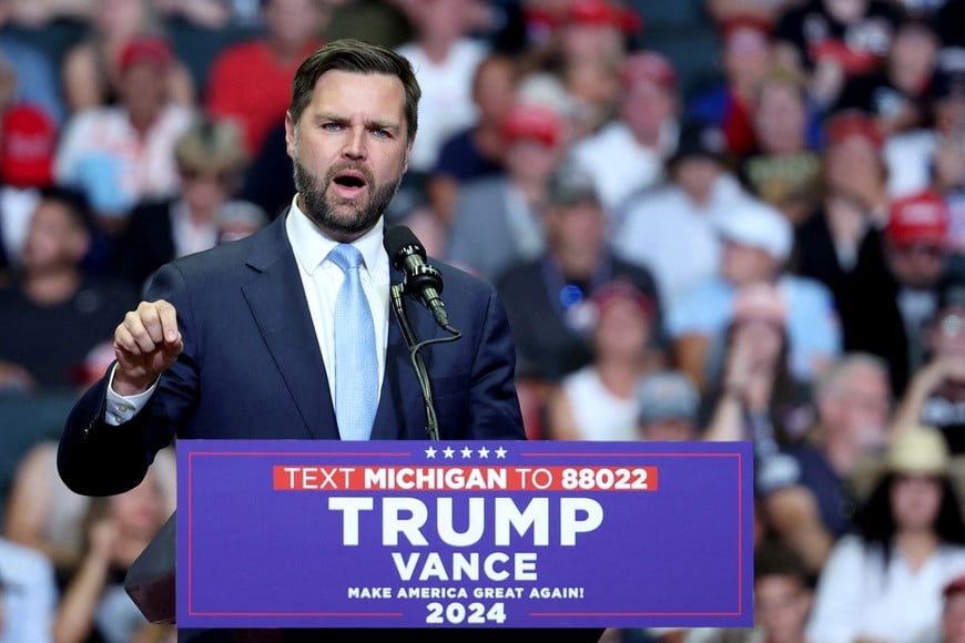 Republican vice presidential nominee U.S. Senator J.D. Vance (R-OH) speaks during a campaign rally of Republican presidential nominee and former U.S. President Donald Trump who holds it for the first time with his running mate, in Grand Rapids, Michigan, U.S. July 20, 2024. REUTERS/Tom Brenner