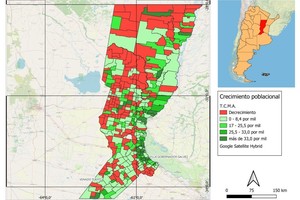 Mapa de la provincia de Santa Fe. Gobiernos locales. Tasa de crecimiento Media Anual cada 1.000 habitantes (2010-2022). Fuente: Elaboración propia en base a datos de los Censos Nacionales de Población, Hogares y Viviendas 2010 y 2022.