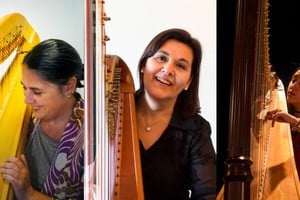 Arpistas: la francesa Chistine Icart, docente en el conservatorio Musikene; Marcela Méndez, referente del instrumento en la región; y Florencia Arizpe, joven talento santafesino en crecimiento. Fotos: Gentileza de las artistas