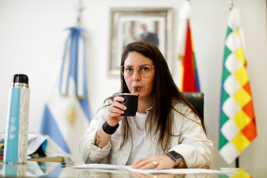 Minister of Women, Genders and Diversities, Ayelen Mazzina, sips mate in her office, in Buenos Aires, Argentina September 15, 2023. REUTERS/Agustin Marcarian