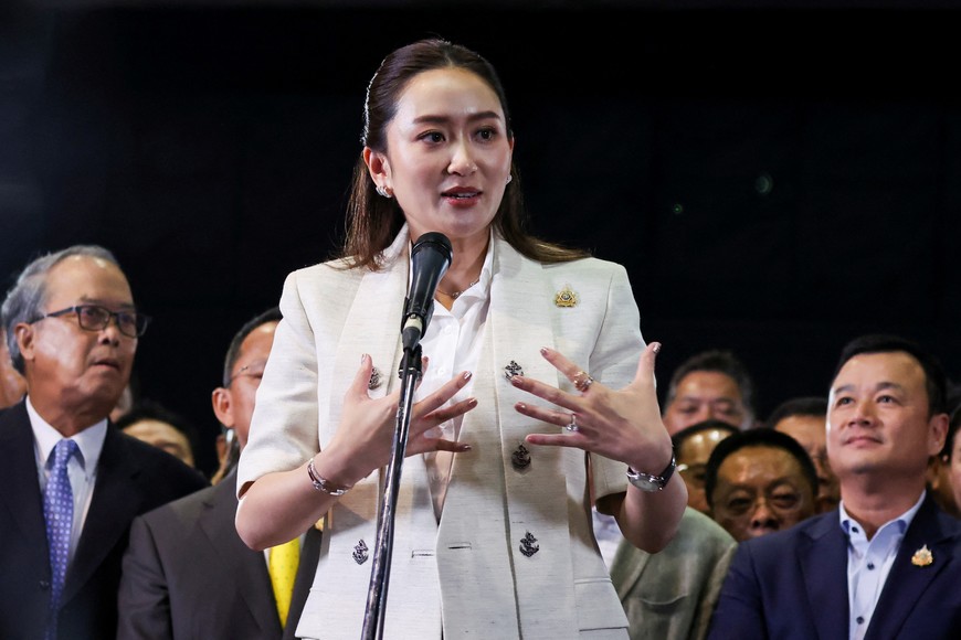 Pheu Thai Party's leader Paetongtarn Shinawatra speaks during a press conference after the Thai parliament confirms her as the country's next prime minister, in Bangkok, Thailand August 16, 2024. REUTERS/Chalinee Thirasupa