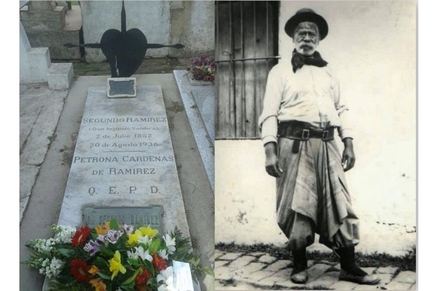 La tumba del resero en el cementerio de Areco y una de sus tradicionales fotos. Crédito: www.rojas.com.ar