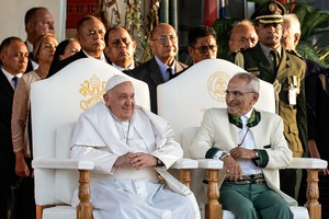 Pope Francis and East Timor's President Jose Ramos-Horta attend a welcoming ceremony at the Presidential Palace in Dili, East Timor, on September 9, 2024.     YASUYOSHI CHIBA/Pool via REUTERS