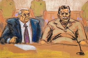 Mexican former drug lord Ismael "El Mayo" Zambada sits with his attorney Frank Perez, at the courthouse in Brooklyn, New York, U.S. September 13, 2024, in this courtroom sketch. REUTERS/Jane Rosenberg