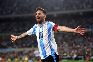 Soccer Football - World Cup - South American Qualifiers - Argentina v Bolivia - Estadio Mas Monumental, Buenos Aires, Argentina - October 15, 2024
Argentina's Lionel Messi celebrates scoring their first goal REUTERS/Matias Baglietto     TPX IMAGES OF THE DAY