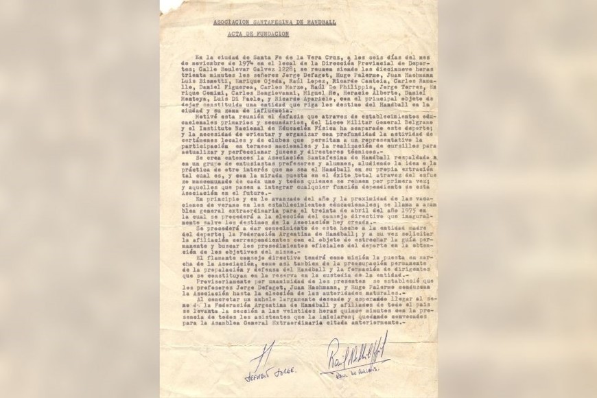 Acta de Fundación. El documento original que se encuentra en la Asociación de Handball.
