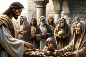 Jesús alaba el gesto de la mujer: sencillo y silencioso, pero a la vez único, grandioso. Él mide el valor de las ofrendas no por la cantidad de dinero que damos, sino según el grado de entrega de uno mismo. Recreación ilustrativa