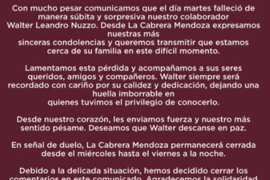 Comunicado restaurante mendocino.