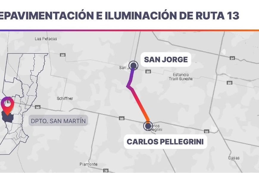 Las obras también incluyen iluminación y dos rotondas seguras, una en el Carlos Pellegrini (cruce 13 y 66) y otra readecuada en El Trébol (cruce 13 y 40s).