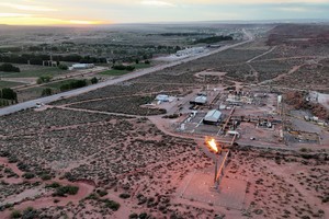 FILE PHOTO: A drone view shows a shale gas flare in the Vaca Muerta formation, outside the Patagonian oil and gas town Anelo, Argentina, October 22, 2024. REUTERS/Alexander Villegas/File Photo