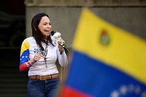 Venezuelan opposition leader Maria Corina Machado addresses supporters at a protest ahead of the Friday inauguration of President Nicolas Maduro for his third term, in Caracas, Venezuela January 9, 2025. REUTERS/Gaby Oraa