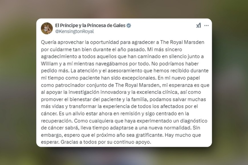La princesa Kate de Gales anunció que su cáncer está en remisión. Créditos: @KensingtonRoyal en X