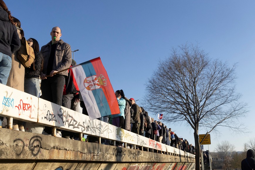 Demonstrators take part in a protest against what demonstrators say are government policies, corruption, and negligence that they blame for the deaths of the victims in the November 2024 Novi Sad railway station disaster, in Novi Sad, Serbia, February 1, 2025. REUTERS/Djordje Kojadinovic