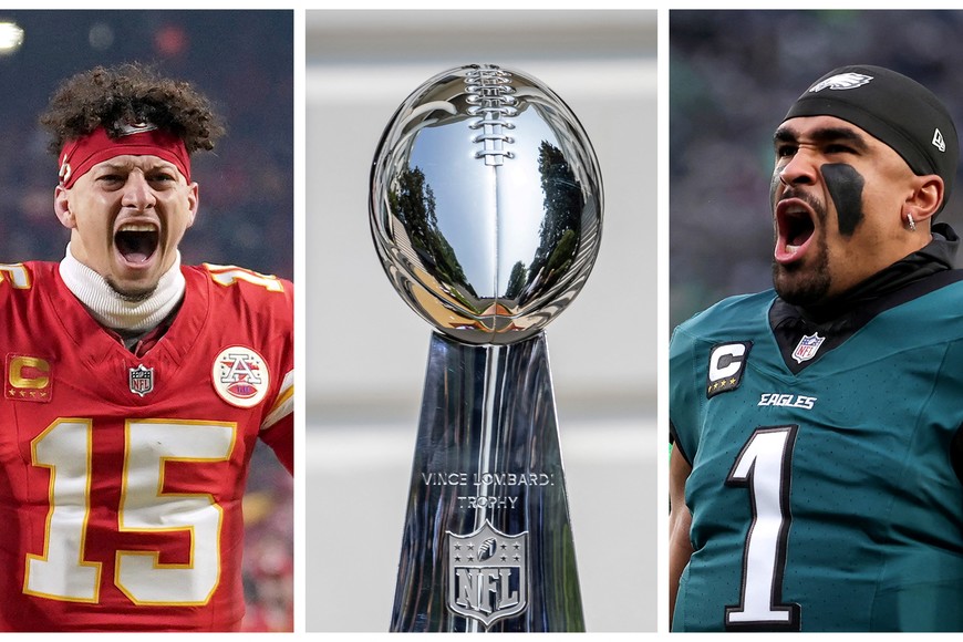 A combination picture shows Kansas City Chiefs quarterback Patrick Mahomes, the Vince Lombardi trophy and Philadelphia Eagles quarterback Jalen Hurts ahead of the Super Bowl LIX.
February, 2025. REUTERS/Imagn Images

Left Image Caption:
Jan 26, 2025; Kansas City, MO, USA; Kansas City Chiefs quarterback Patrick Mahomes (15) reacts before the AFC Championship game against the Buffalo Bills at GEHA Field at Arrowhead Stadium. Mandatory Credit: Denny Medley-Imagn Images

Middle Image Caption:
Jul 20, 2021; Washington, DC, USA;  A view the Vince Lombardi trophy before President Joe Biden welcomes the Tampa Bay Buccaneers to the South Lawn of the White House to honor the team for their Super Bowl LV Championship. Mandatory Credit: Scott Taetsch-Imagn Images

Right Image Caption:
Jan 19, 2025; Philadelphia, Pennsylvania, USA; Philadelphia Eagles quarterback Jalen Hurts (1) before action against the Los Angeles Rams in a 2025 NFC divisional round game at Lincoln Financial Field. Mandatory Cred
