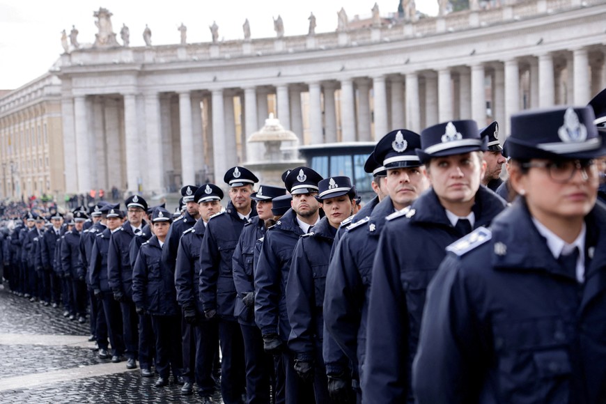 Members of law enforcement line up on the day Pope Francis leads Holy Mass for Jubilee of the armed forces, police and security personnel in St. Peter's Square, at the Vatican February 9, 2025. REUTERS/Remo Casilli