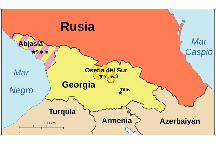 Los territorios de Abjasia y Osetia del Sur, porciones separatistas de Georgia con frontera compartida con Rusia.