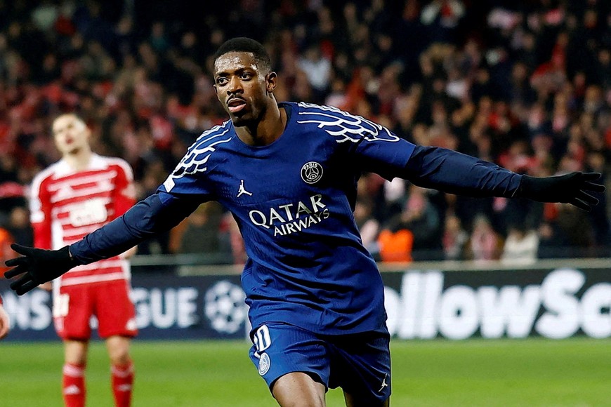 Soccer Football - Champions League - Knockout Phase Playoff - First Leg - Brest v Paris St Germain - Stade de Roudourou, Guingamp, France - February 11, 2025
Paris St Germain's Ousmane Dembele celebrates scoring their second goal 
REUTERS/Stephane Mahe     TPX IMAGES OF THE DAY