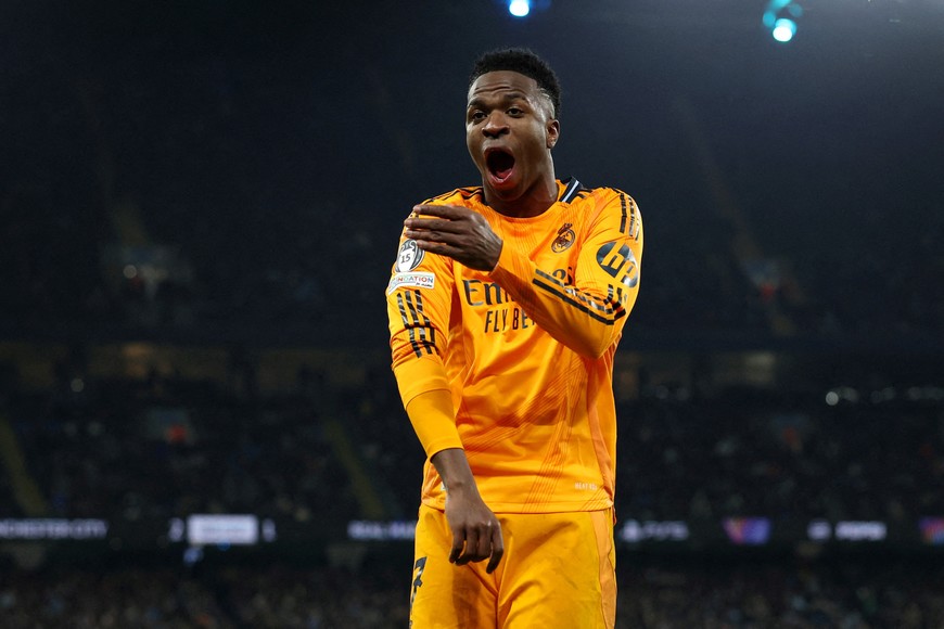 FILE PHOTO: Real Madrid's Vinicius Junior celebrates their second goal scored by Real Madrid's Brahim Diaz v Manchester City in the Champions League,  February 11, 2025. REUTERS/Phil Noble/File Photo