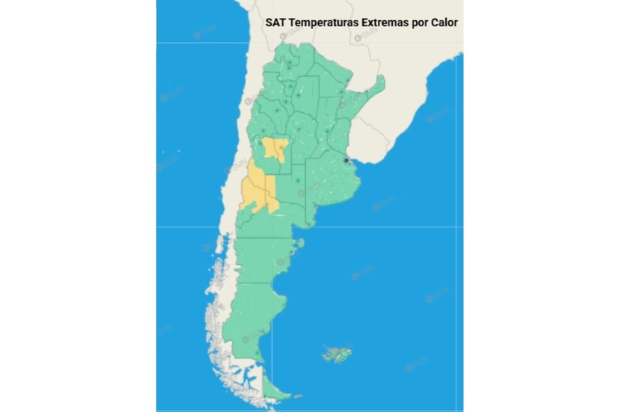 Mapa de alertas por calor extremo. Crédito: SMN