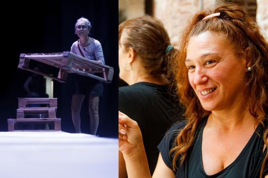 “De remate now”:  La ítalo-danesa Antonella Diana, del Teatret OM, trabajando con elementos reciclados para la escenografía; al lado Natalia Tesone, actriz que aporta la formación en Lengua de Señas Argentina.