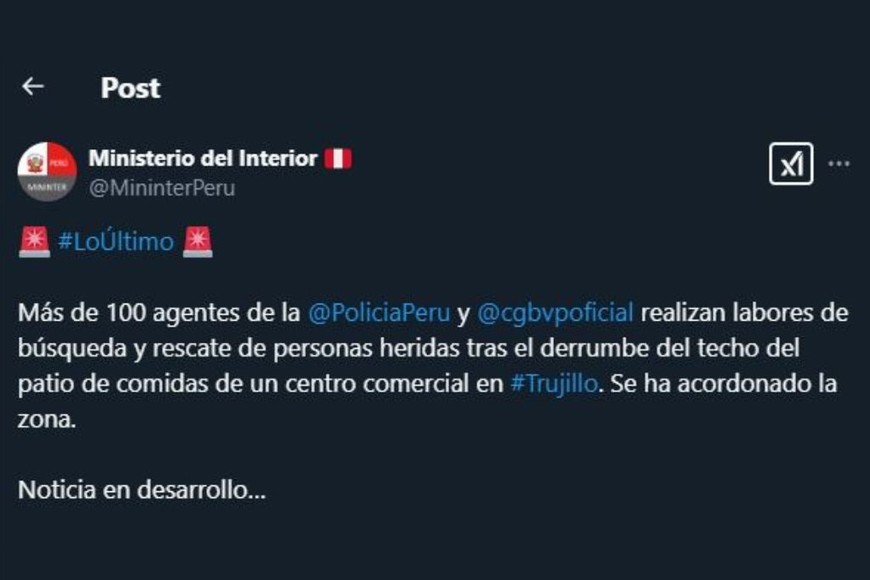 El posteo del Ministerio del Interior de Perú.