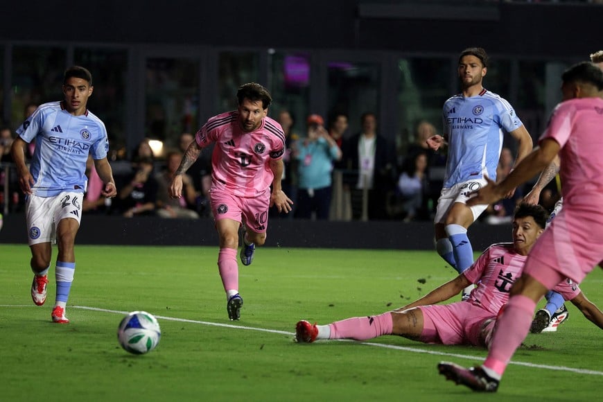 Feb 22, 2025; Fort Lauderdale, Florida, USA; Inter Miami CF defender Tomas Aviles (6) scores a goal against New York City FC during the first half at Chase Stadium. Mandatory Credit: Nathan Ray Seebeck-Imagn Images