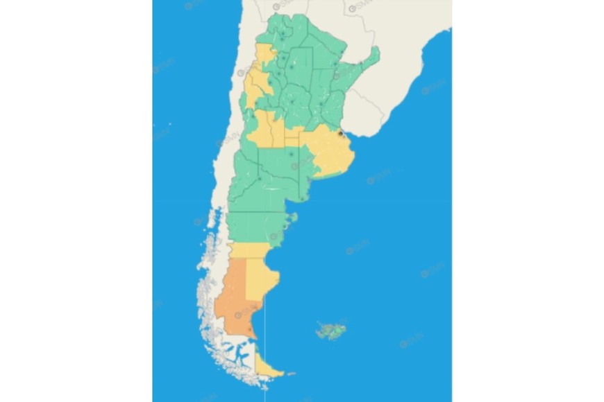 Gráfico de alertas por tormentas este lunes. Crédito: SMN