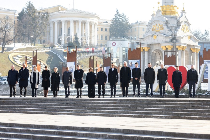 Ukraine's President Volodymyr Zelenskiy with his wife Olena, European Commission President Ursula von der Leyen, European Council President Antonio Costa, Canada's Prime Minister Justin Trudeau, Spanish Prime Minister Pedro Sanchez, Latvia's President Edgars Rinkevics, President of Lithuania Gitanas Nauseda, Estonian Prime Minister Kristen Michal, Denmark's Prime Minister Mette Frederiksen, Icelandic Prime Minister Kristrun Frostadottir, Norwegian Prime Minister Jonas Gahr Stoere, Finnish President Alexander Stubb, Sweden's Prime Minister Ulf Kristersson visit a makeshift memorial place displaying Ukrainian flags with the names of fallen service members, at the Independence Square, amid Russia's attack on Ukraine, in Kyiv, Ukraine February 24, 2025. Ukrainian Presidential Press Service/Handout via REUTERS ATTENTION EDITORS - THIS IMAGE HAS BEEN SUPPLIED BY A THIRD PARTY.