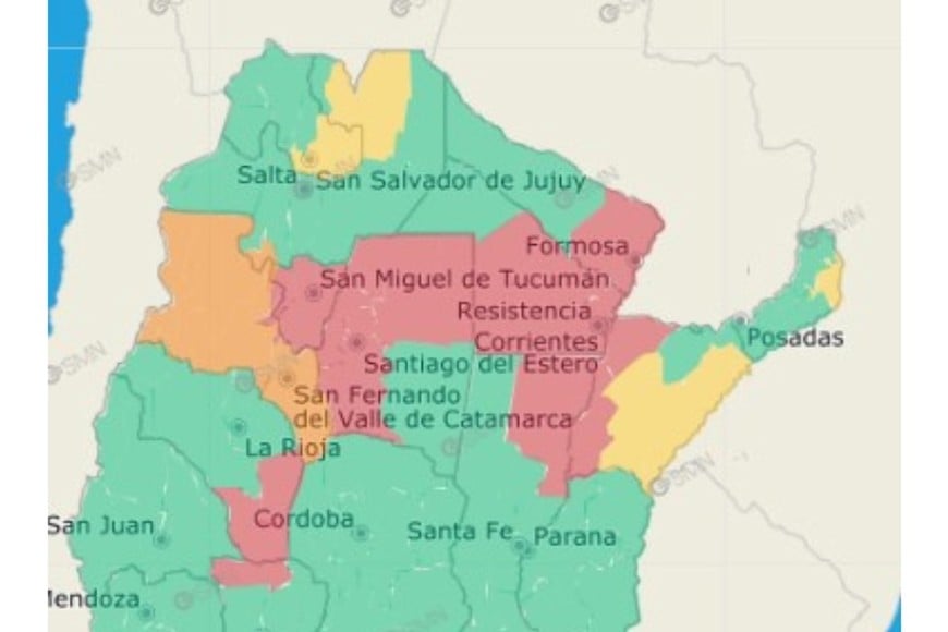 Mapa de alertas por calor extremo. Crédito: SMN