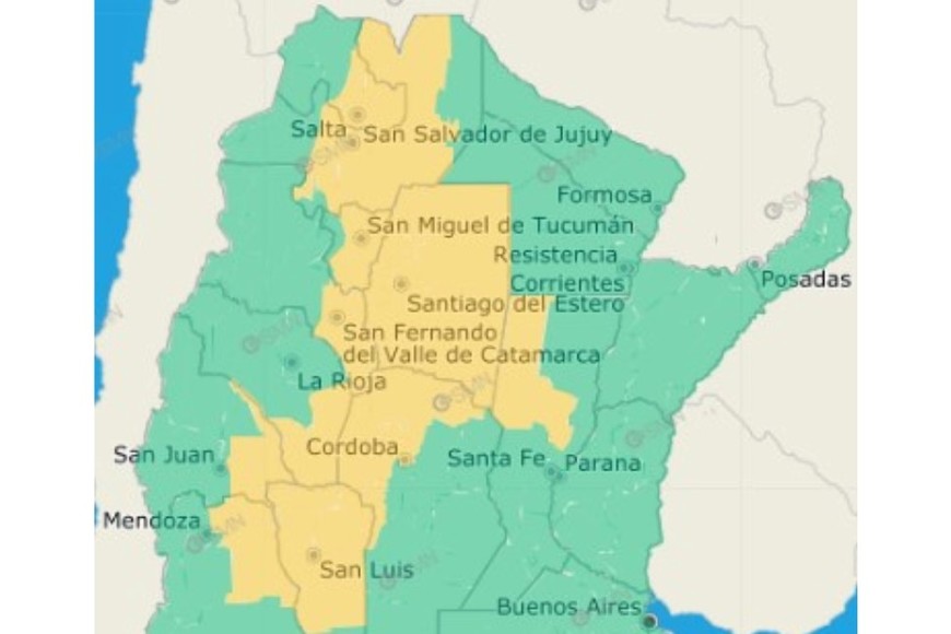 El gráfico de alertas por lluvias fuertes no incluye la ciudad de Santa Fe. Crédito: SMN