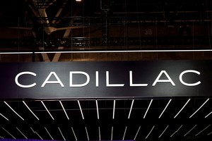 FILE PHOTO: A logo of Cadillac is seen on media day at the 2024 Paris Auto Show in Paris, France, October 14, 2024. REUTERS/Benoit Tessier/File Photo