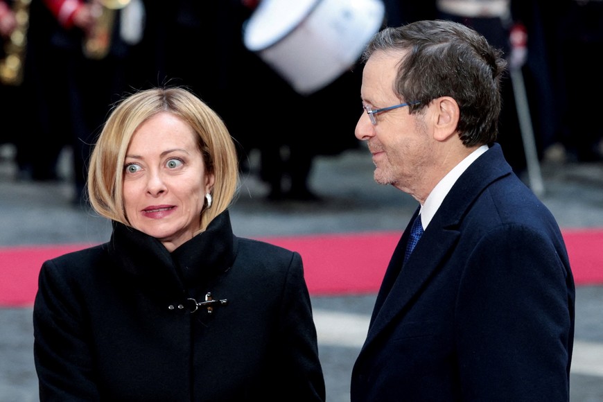 Italian Prime Minister Giorgia Meloni reacts as she meets with Israeli President Isaac Herzog at Palazzo Chigi, in Rome, Italy, February 19, 2025. REUTERS/Remo Casilli     TPX IMAGES OF THE DAY