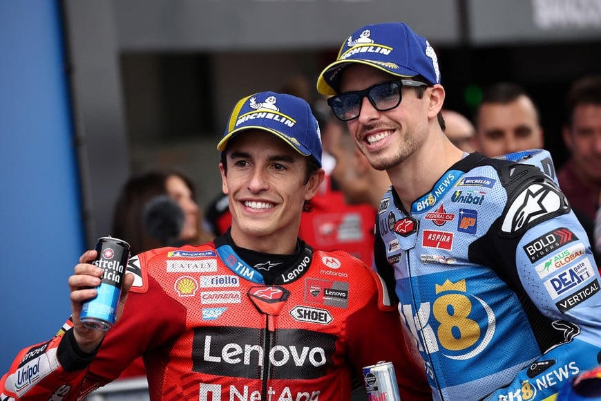 MotoGP - Argentina Grand Prix - Autodromo Termas de Rio Hondo, Santiago del Estero, Argentina - March 15, 2025
Ducati Lenovo Team's Marc Marquez celebrates after qualifying in first with second placed BK8 Gresini Racing MotoGP's Alex Marquez REUTERS/Agustin Marcarian
