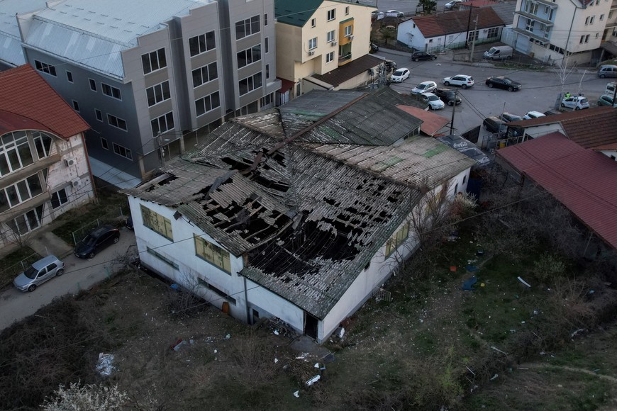 A drone view shows a night club destroyed in a fire resulting in casualties, in the town of Kocani, North Macedonia, March 16, 2025. REUTERS/Alexandros Avramidis