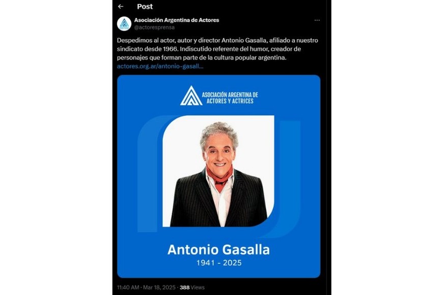 La Asociación Argentina de Actores  lo despide en redes