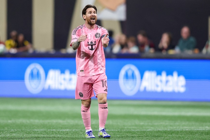 Mar 16, 2025; Atlanta, Georgia, USA; Inter Miami forward Lionel Messi (10) celebrates after a goal against Atlanta United in the first half at Mercedes-Benz Stadium. Mandatory Credit: Brett Davis-Imagn Images
