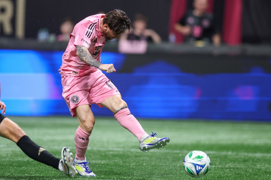 Mar 16, 2025; Atlanta, Georgia, USA; Inter Miami forward Lionel Messi (10) takes a shot against Atlanta United in the second half at Mercedes-Benz Stadium. Mandatory Credit: Brett Davis-Imagn Images