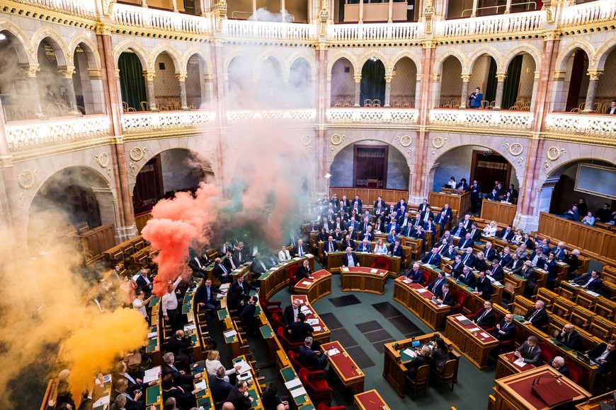 A general view of the Hungarian parliament as it votes on a bill that would ban the Pride march by LGBTQ+ communities and impose fines on organizers and people attending the event in Budapest, Hungary, March 18, 2025. REUTERS/Marton Monus