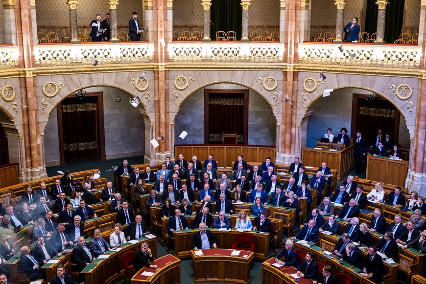 A general view of the Hungarian parliament as it votes on a bill that would ban the Pride march by LGBTQ+ communities and impose fines on organizers and people attending the event in Budapest, Hungary, March 18, 2025. REUTERS/Marton Monus
