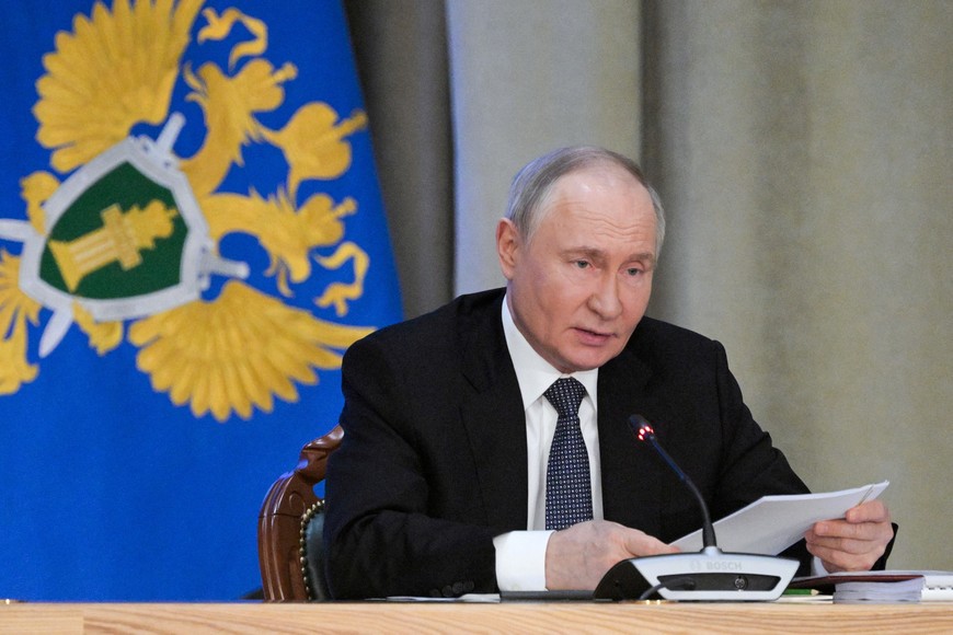 Russian President Vladimir Putin speaks at an expanded meeting of the Prosecutor General's Office board in Moscow, Russia March 19, 2025. Sputnik/Alexey Nikolsky/Pool via REUTERS ATTENTION EDITORS - THIS IMAGE WAS PROVIDED BY A THIRD PARTY.