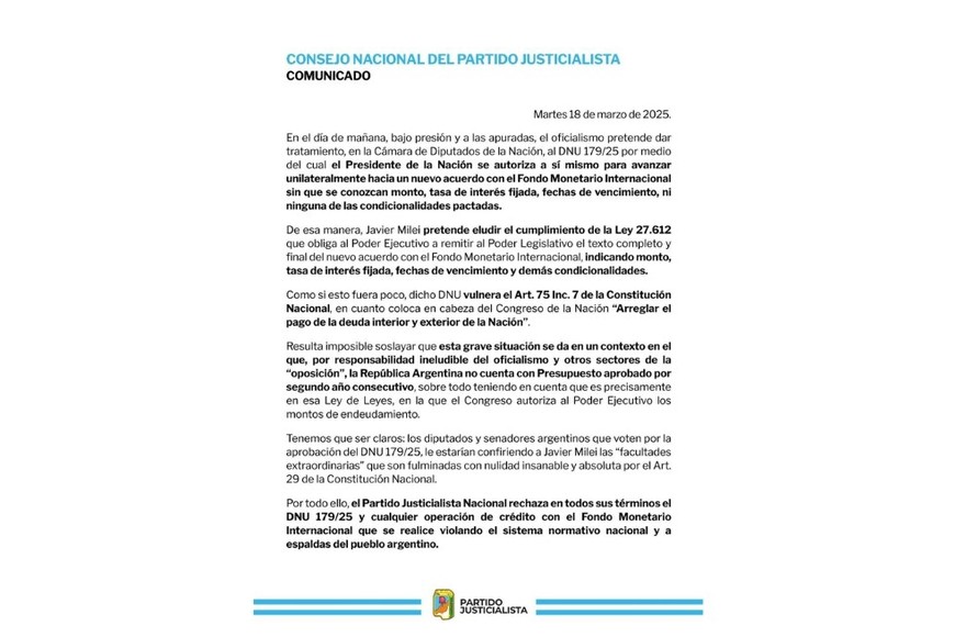 El comunicado del PJ en X.