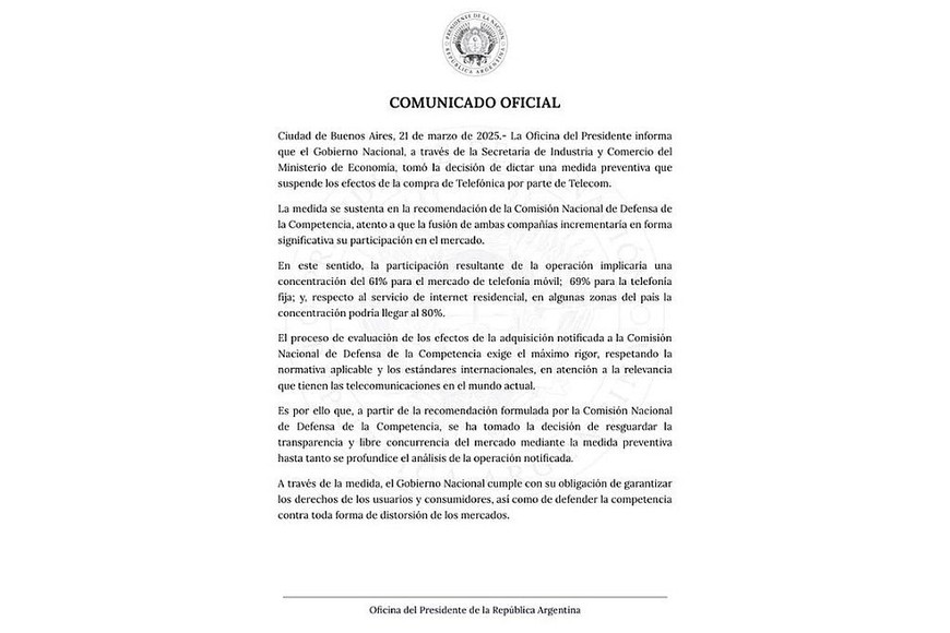 La decisión se tomó a través de la Secretaría de Industria y Comercio del Ministerio de Economía.