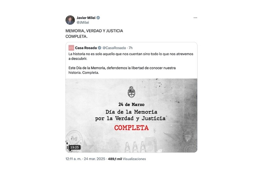 "Memoria completa", el posteo de Milei. Foto: X