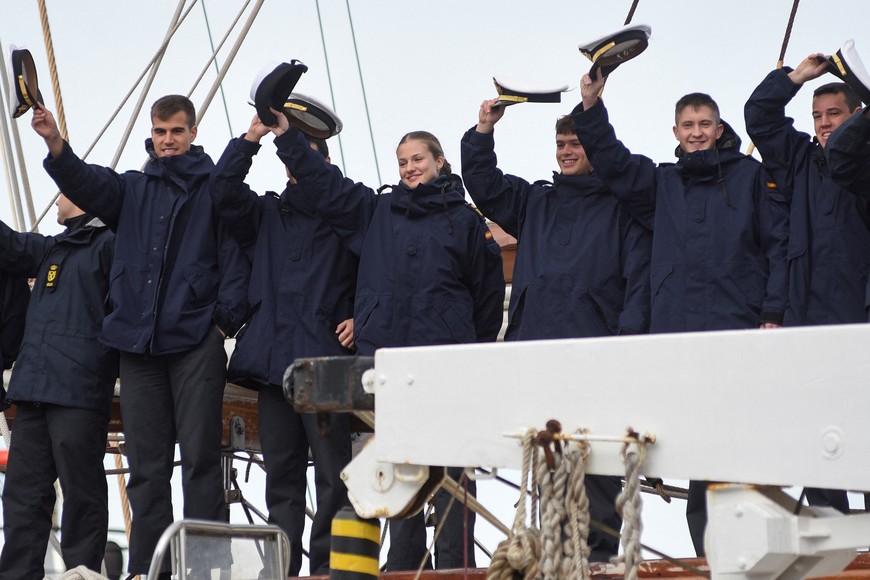 Spain's Princess Leonor waves as she leaves the Chilean naval base onboard the Spanish Navy training ship Juan Sebastian de Elcano, during her stay in Punta Arenas, Chile March 23, 2025. REUTERS/Rodrigo Maturana Lopez