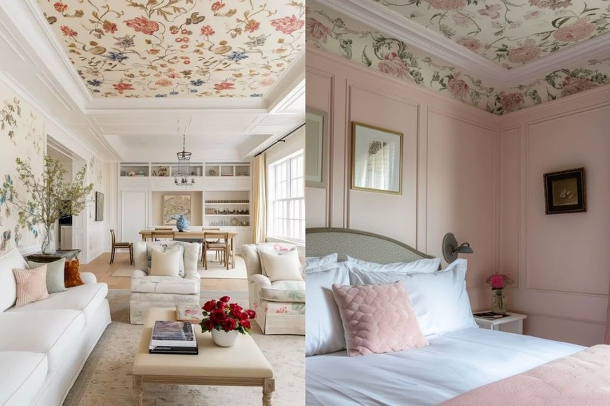 El terciopelo impreso transforma el techo en una obra suspendida.