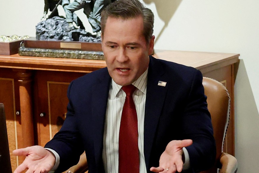 U.S. National Security Advisor Mike Waltz speaks as U.S. President Donald Trump meets with U.S. ambassador nominees at the White House in Washington, D.C., U.S., March 25, 2025. REUTERS/Evelyn Hockstein