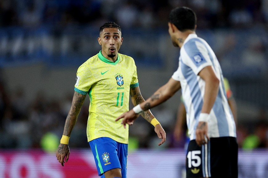 Soccer Football - World Cup - South American Qualifiers - Argentina v Brazil - Estadio Mas Monumental, Buenos Aires, Argentina - March 25, 2025
Brazil's Raphinha reacts during the match REUTERS/Agustin Marcarian